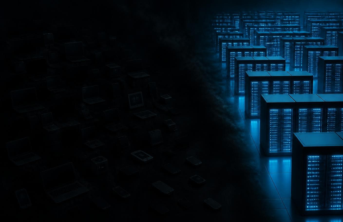 Unlit edge devices fading into darkness beside a brightly instrumented server hall